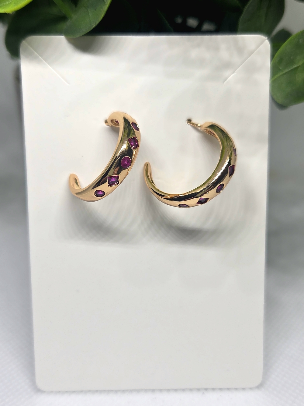 Gold Hoop Earrings with Pink Gem Accents